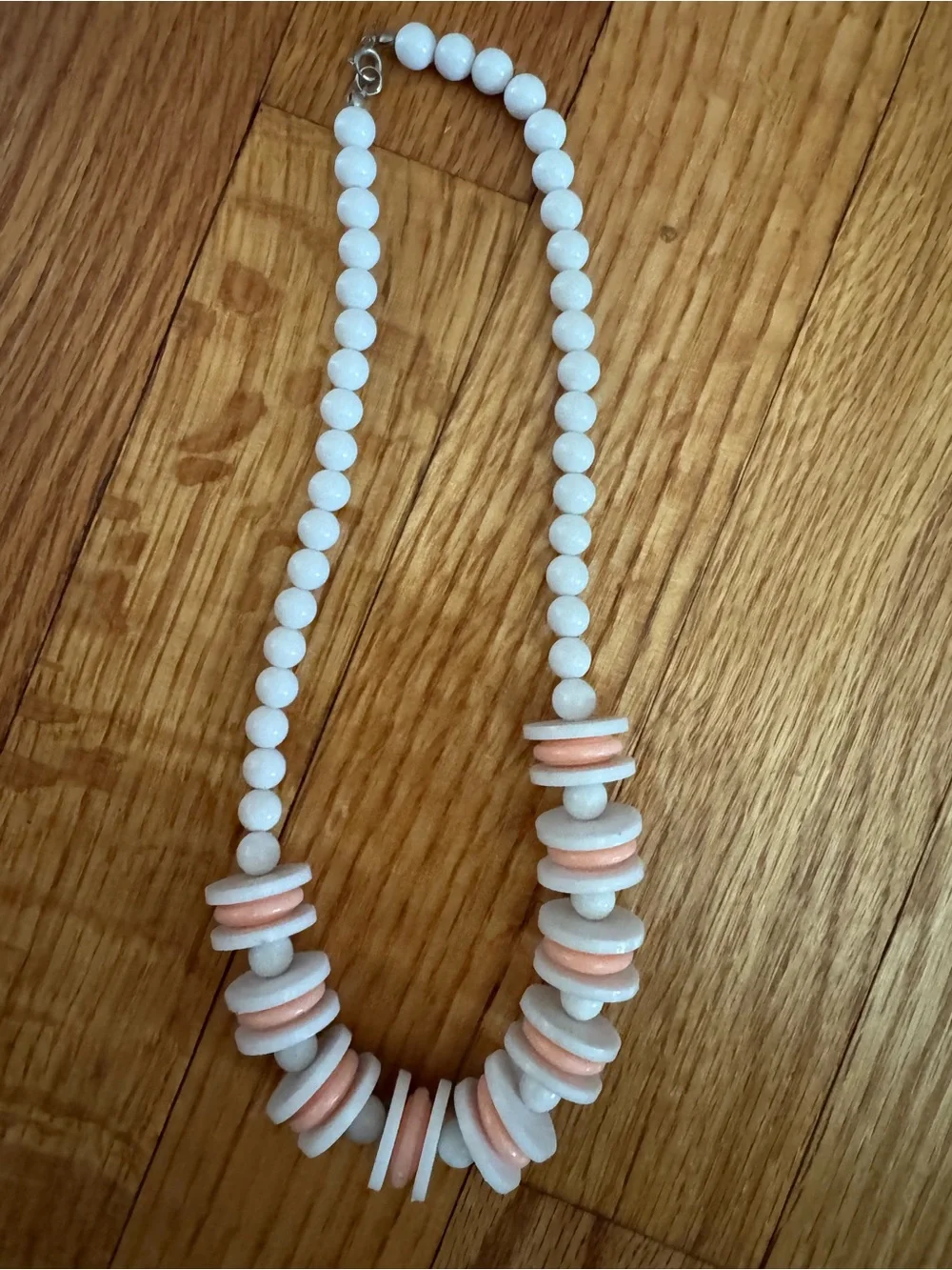 Vintage White Beaded Necklace with Peach Disc Accents